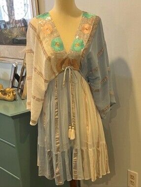 Light Blue & Cream Embroidered V-Neck Tiered Mini Dress
